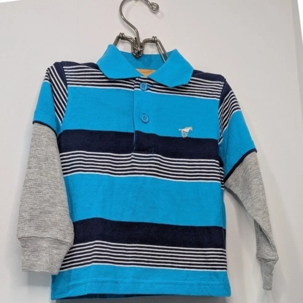 Wrangler Jeans Co Kids Long Sleeve Polo Shirt Blue Stripe Horse Embroidery 18 Mo